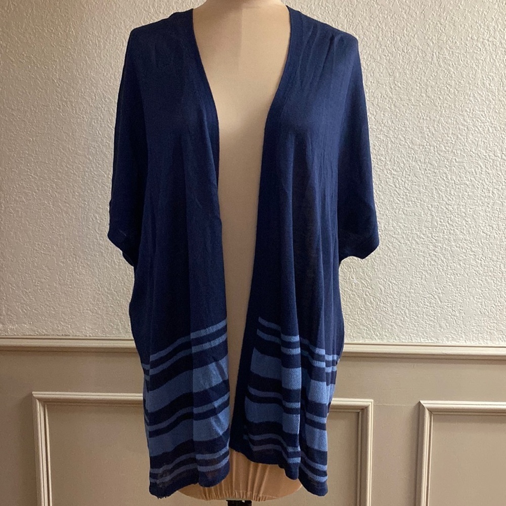 ELEVENSES navy striped open front short sleeve cardigan kimono sweater